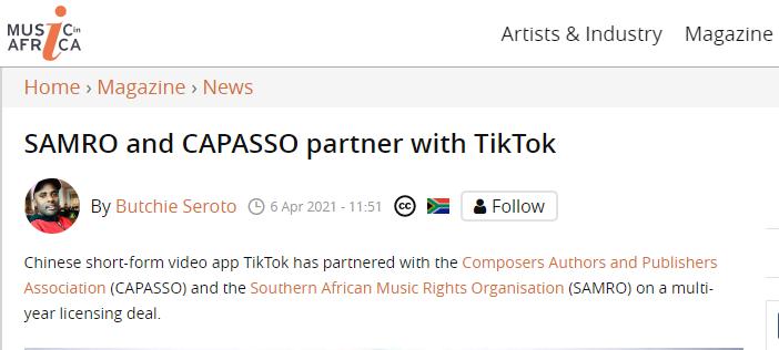 TikTok与非洲音乐版权机构达成协议，保护当地艺术家利益